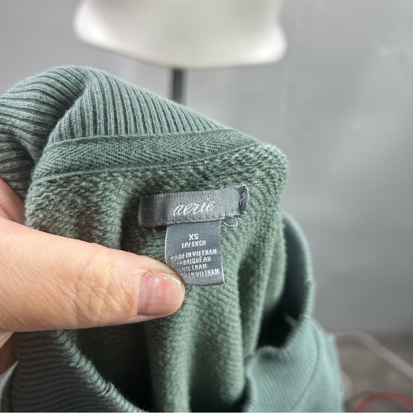 Aerie Sage Green Distressed Open Shoulder Sweatshirt XS - Picture 3 of 5